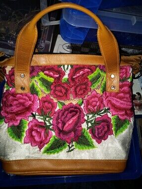 Roses Hand Embroidered on Silk  Leather Bag